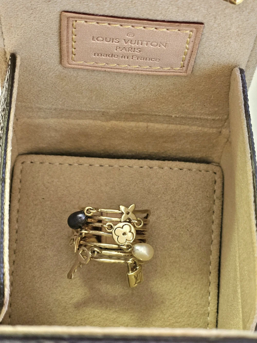 Louis Vuitton 18K Gold Monogram Charms Pearl Cocktail Ring – Size 54